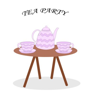set of teapot teapot and cups of purple flowers on the table.Tea party vector illustration.