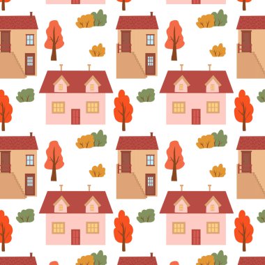 Seamless pattern with cute houses. Autumn trees and houses autumn pattern.