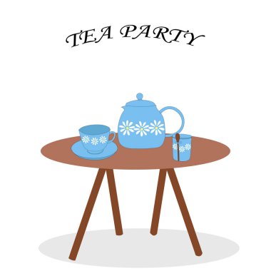 set of teapot teapot and cups of blue flowers on the table.Vector illustration of tea drinking.