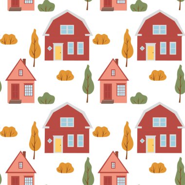 Seamless pattern with cute houses. Autumn trees and houses autumn pattern.