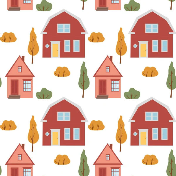 Seamless pattern with cute houses. Autumn trees and houses autumn pattern.