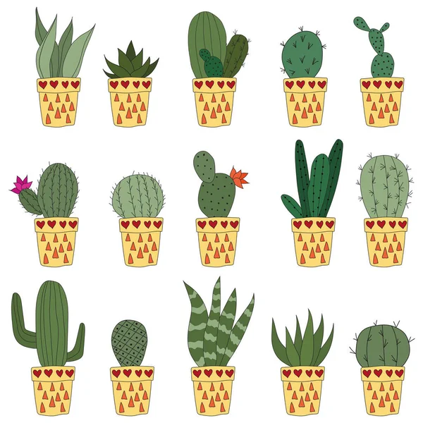 Set Cute Doodle Cacti Yellow Pots Vector Illustration Cute Indoor — Vetor de Stock