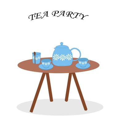set of teapot teapot and cups of blue flowers on the table.Vector illustration of tea drinking.