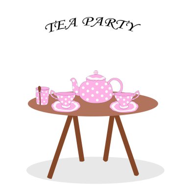 set of teapot teapot and cups of rose flowers on the table.Vector illustration of tea drinking.