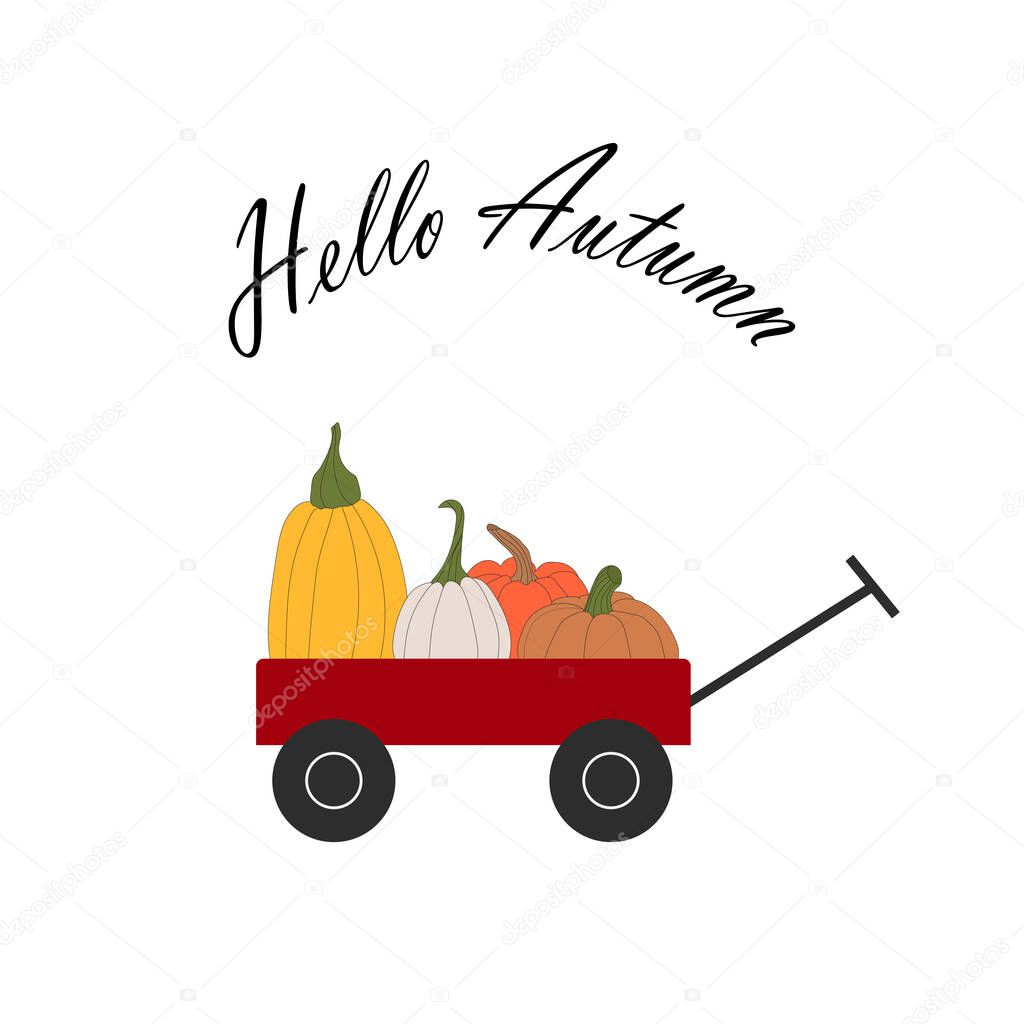 cart full of pumpkins. Thanksgiving and Halloween vector illustrations.