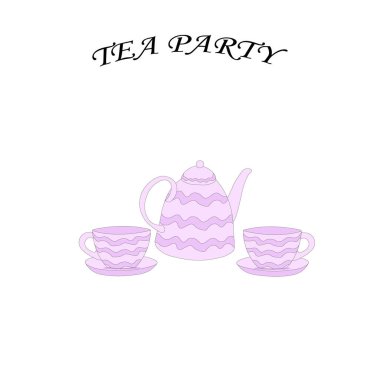 set teapot teapot and purple cups. Tea party vector illustration.