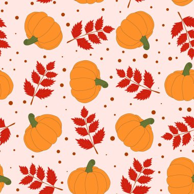 Seamless pattern of autumn pumpkins and leaves. Ripe juicy pumpkins and falling leaves. autumn background. Vector illustration.