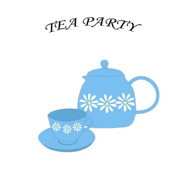 teapot teapot and blue cups set. Tea party vector illustration.