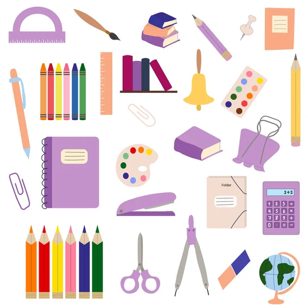 Büyük okul malzemeleri seti şirin kırtasiye seti, okula dönüş. Düz biçimli vektör kırtasiyesi.