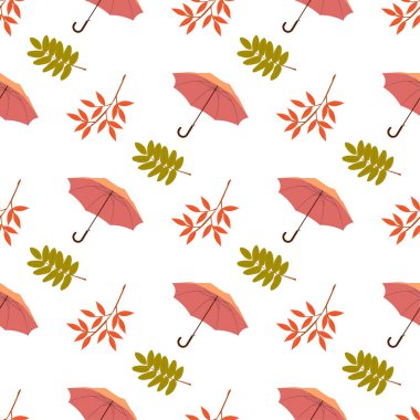 Şemsiyeli ve sonbahar yapraklı, dikişsiz sonbahar deseni. Dekor ve tasarım için sonbahar modelinin şirin düz çizimi