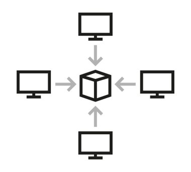 Blockchain bilgisayar sistemi küp ikon tasarım vektörü illüstrasyonuna bağlanıyor. Şifreleme para birimi dijital akıllı sözleşme protokolü kriptografi özeti, işlem verisi, küresel bağlantılı ağ içerir.