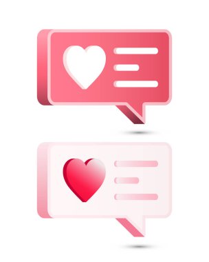 3D kalp ikonu dikdörtgen konuşma balonu chat tasarım vektörü çizimi. Çevrimiçi sosyal iletişim konsepti, mesaj, beğeni, bilgilendirme. Aşk Sevgililer Günü Sanatı.