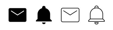 İleti ve alarm katı dış hat tasarım vektörü. Posta ve çan web sitesi sembolü çizimi.