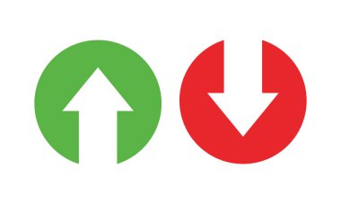 Yuvarlak kırmızı aşağı yeşil ok düz simge işareti vektörü. Kripto para birimi, hisse senedi ve ön ödeme yatırım ticaret analizi.