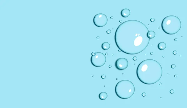 Realistic water drops on light blue background template. Image for wallpaper, website, social media, banner, and digital.