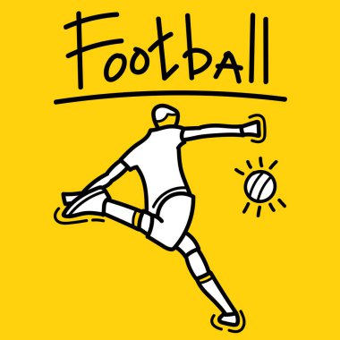Elle çizilmiş futbol oyuncusu top tasarım vektörünü tekmeliyor. Lig spor afişi poster şablonu.