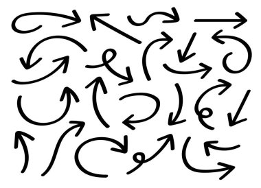 Siyah el çizilmiş eğri çizgi ok ikonu tasarımı koleksiyon vektörü. İşaret yönü karalama sembolü çiz.
