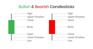 Japanese candlestick chart components part template. Bullish and Bearish system  design. Crypto, stock and forex investment trading analysis.