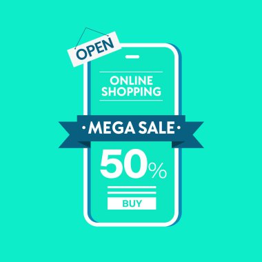 Online shopping 50% discount sale banner template. Mobile phone digital app marketing E-commerce concept. Blue, green, tosca background.