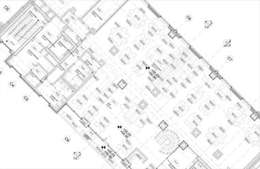 Mobilyalı bir restoranın mimari çizimi, ayrıntılı plan çizimi, modern bir restoran tasarımı projesi, kafeterya konseptinin üst görüntüsü, 2D proje CAD, bina, inşaat, mimari