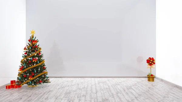 Empty Room Decorate Christmas Tree Render Room Has Wooden Floors — Fotografia de Stock