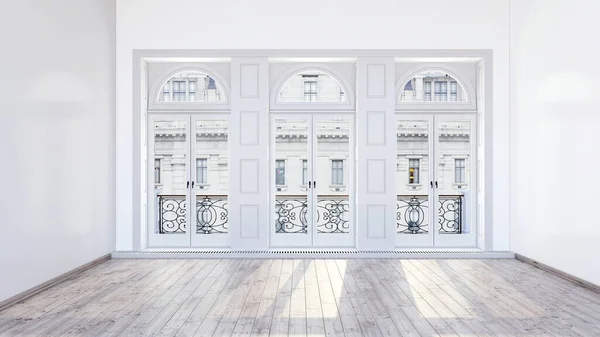 Representación Habitación Vacía Moderno Diseño Sala Estar Blanco Brillante Visualización —  Fotos de Stock