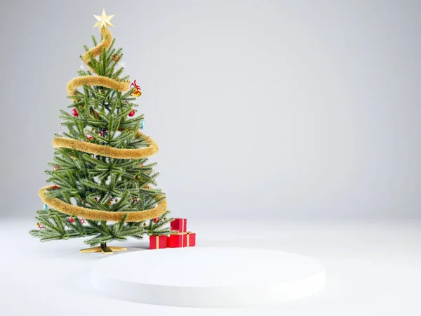 Christmas White Podium White Stage Background Christmas Tree New Year — Stockfoto