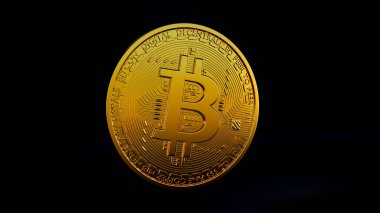 Bitcoin siyah bir arkaplanda izole edilmiş, fiziksel altın bitcoin illüstrasyonuna yakın çekim, kripto para birimi sembolü, dijital para birimi BTC, 3D çizim