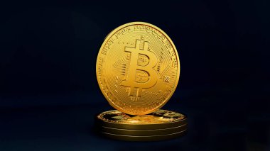 Siyah arkaplanda izole edilmiş Bitcoin sikkeleri, fiziksel altın Bitcoins illüstrasyonu, Kripto para birimi sembolü, dijital para birimi BTC, 3 boyutlu çizim