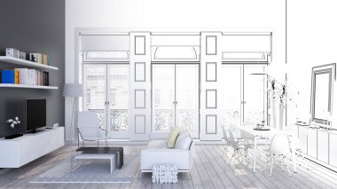 Gerçekçi çizgiler çizmek, modern oturma odası iç tasarımının 3 boyutlu tasarımı ile karşıt gerçekçi tasarım ve kablo çerçevesi, 3D mimari görselleştirme projesi