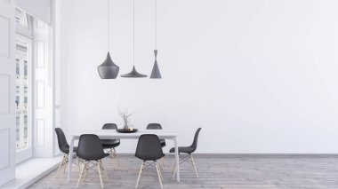 Minimalist Zarif Yemek Odası, Boş Modern Beyaz Duvar İllüstrasyon Konsepti, İskandinav Yemek Masası ve Sandalyeleri, Kolye Lambaları, Meşe ahşap zemin, Yüksek Beyaz Pencereler, 3D İç mimari