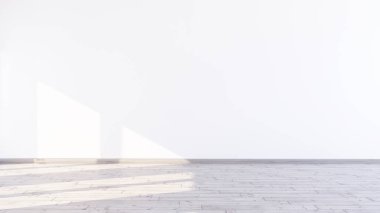 Stüdyo odasının arka planı beyaz duvar ve pencereden gelen ışık, meşe ağacı ahşap zemin, ürün sergilenmesi için kullanılıyor, boş 3D oda hazırlama, duvara vuran güneş ışığı, 3D çizim