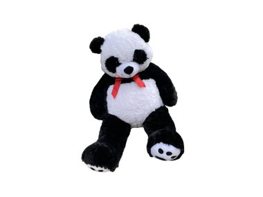 Panda bear doll isolated on white background, animal toy, teddy bear black and white color, closeup of cute panda toy with red ribbon, black rim of eyes