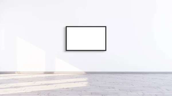 Empty horizontal black frame mock up in a white interior room design with wooden oak floor, Empty modern frame for prints, Wall mockup, 3d illustration white wall interior render artwork