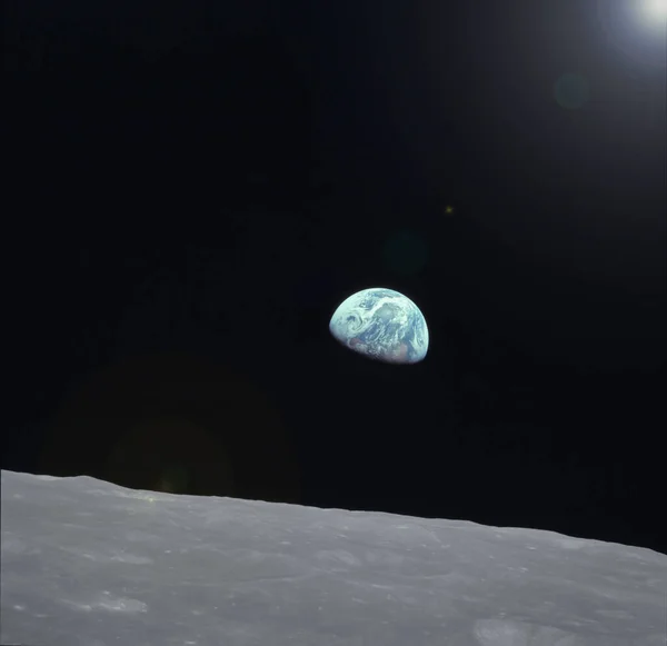 Earth Photo Taken Moon Earth Rising Lunar Surface Horizon Blue — 스톡 사진