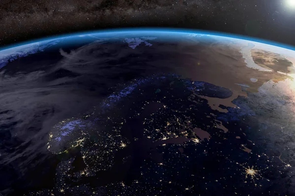 Pandangan Malam Eropa Nordik Bumi Foto Dekat Dunia Dari Luar — Stok Foto