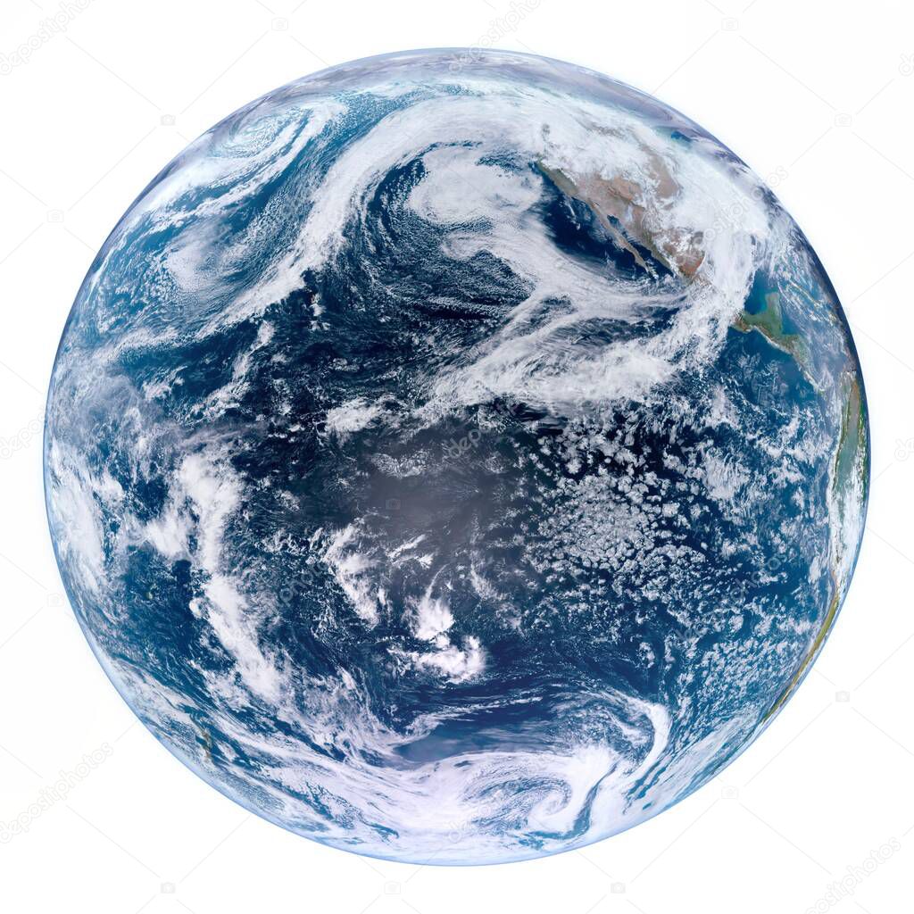Isolated Planet Earth in a white background, world photo from outer space, high resolutiun closeup view of cloudy planet earth. Elements of this image furnished by NASA.