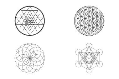 Sacred Geometry Background, Sri Yantra, Flower Of Life, Torus, Metatron Symbol Isolated on White Background Illustration, 4 Sacred Geometry Ancient Spiritual Symbols