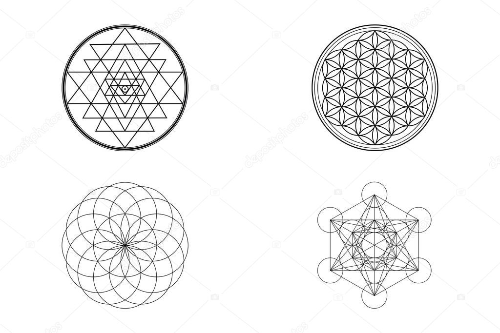 Sacred Geometry Background, Sri Yantra, Flower Of Life, Torus, Metatron Symbol Isolated on White Background Illustration, 4 Sacred Geometry Ancient Spiritual Symbols
