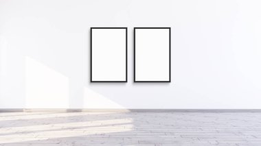 Two empty vertical black frame mock up in a white interior room design with wooden oak floor, 2 empty modern frames for gallery wall mockup, 3d illustration white wall interior render artwork