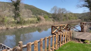 Peaceful Riverside Footage in Nature with Natural Wooden Fences and Terrace, River Overview, Agva, Sile, Istanbul, Turkey.