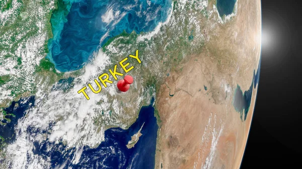 Turkey country pinned on Earth map, Black Sea, Mediterrenian Sea, Turkey travel concept between Europe and Asia, Middle East, satellite image from space. Elements of this image furnished by NASA.