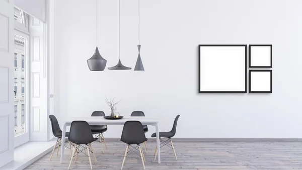 Drei Leere Quadratische Schwarze Rahmen Mock Design Einem Hellen Esszimmer — Stockfoto
