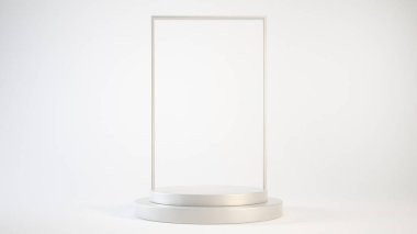 Boş podyum ya da beyaz arkaplanda silindir stand kavramına sahip kaide görüntüsü. Boş ürün rafı ayakta duruyor. 3B görüntüleme.