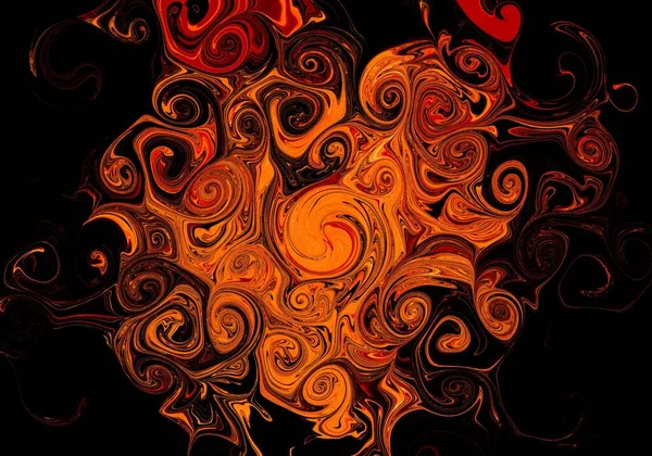 ブラック壁紙上の渦巻くオレンジ色の金火炎の抽象的な背景テクスチャ — ストック写真