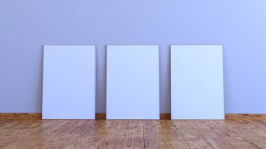 Beyaz gri bir duvarda üç dikey çerçeve modeli ve ahşap zemin 3 boyutlu ilüstrasyon..