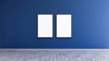Mavi bir duvar odasında parmak izi ve fotoğraf için iki boş dikey siyah çerçeve tasarımı.