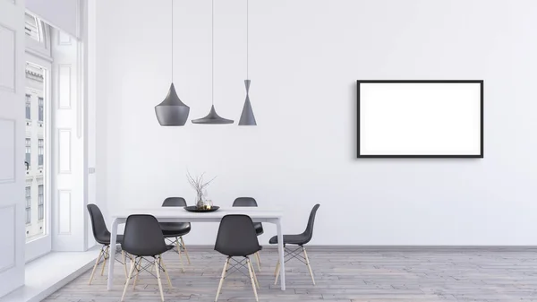 Leere Horizontale Schwarze Rahmen Attrappe Design Einem Hellen Esszimmer Mit — Stockfoto