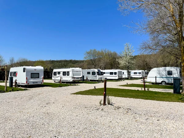 Caravan campsite with travel trailers in a row. Riva, Istanbul, Turkey - April 04, 2022.