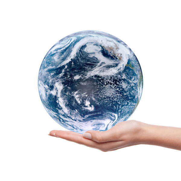 A woman's hand holding the earth isolated on white background. Save the planet earth concept. Earth day conceptual image. Elements of this image furnished by NASA.